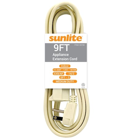 Sunlite Extension Cord, 14 AWG, Indoor/Outdoor, 14/3, 1 Outlets, Beige/Grey, 9 ft 04155-SU